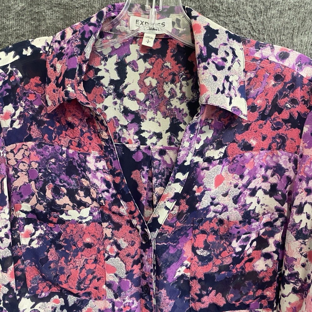 Express Floral Abstract Button-Up Blouse in Purple, Pink & White - Picture 3 of 9